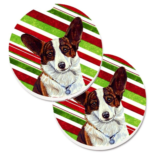 Carolines Treasures Corgi Candy Cane Holiday Christmas Set of 2 Cup Holder Car Coaster LH9243CARC - main
